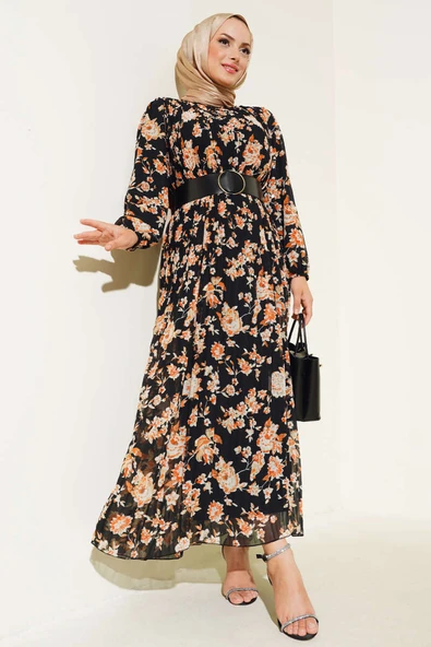 Kemerli Piliseli Şifon Elbise Siyah ürün görseli 1