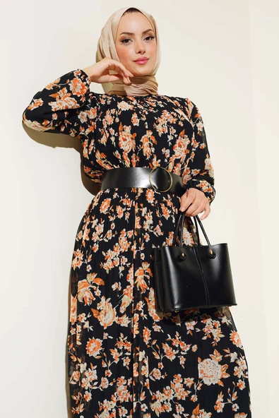 Kemerli Piliseli Şifon Elbise Siyah - Resim 2