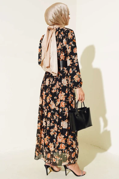 Kemerli Piliseli Şifon Elbise Siyah - Resim 3