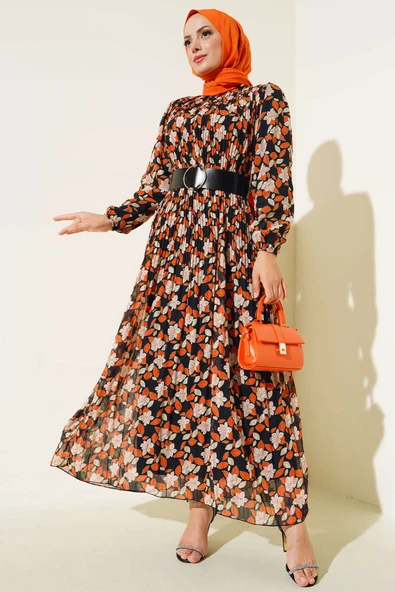 Kemerli Piliseli Şifon Elbise Oranj - Resim 2