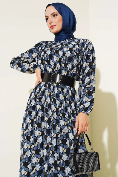 Kemerli Piliseli Şifon Elbise İndigo - Resim 2