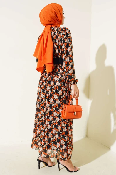 Kemerli Piliseli Şifon Elbise Oranj - Resim 3