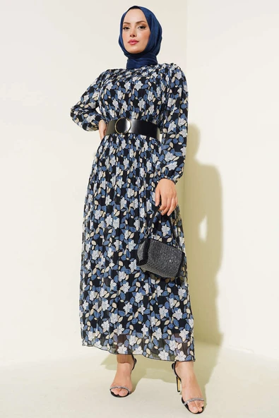 Kemerli Piliseli Şifon Elbise İndigo ürün görseli 1