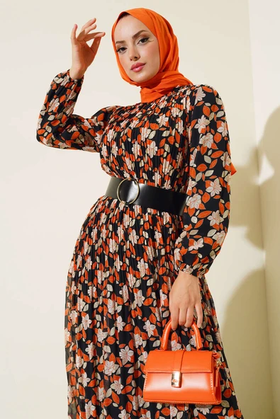 Kemerli Piliseli Şifon Elbise Oranj ürün görseli 1