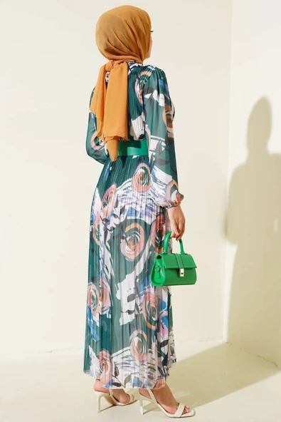 Kemerli Piliseli Şifon Elbise Orman Yeşili - Resim 3