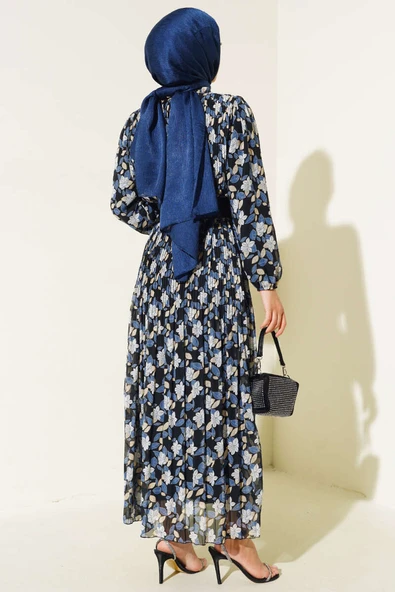 Kemerli Piliseli Şifon Elbise İndigo - Resim 3