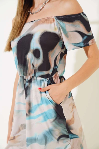 Dijital Baskılı Şort Tulum Bej - Resim 4