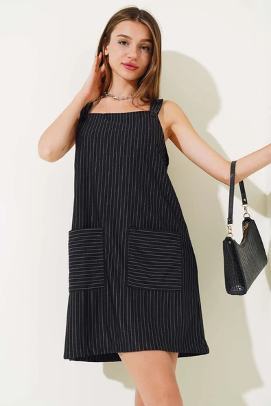 Torba Cepli Çizgili Salopet Siyah - Resim 2