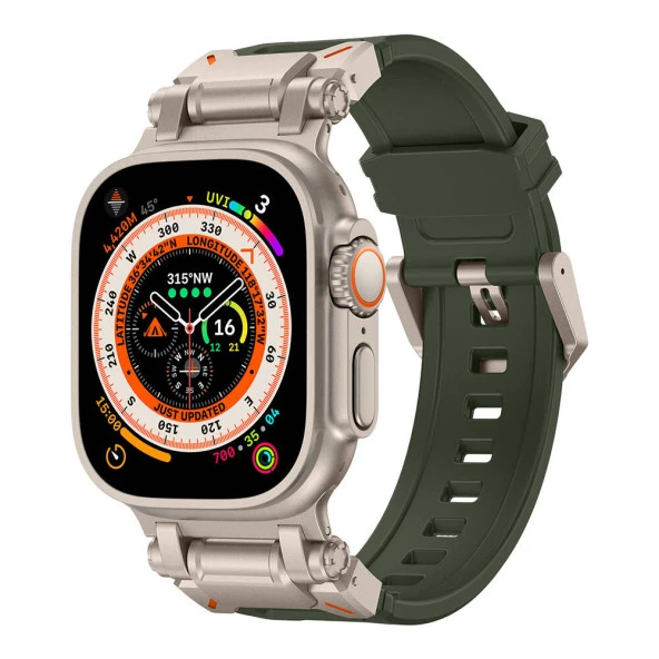 Apple Watch 1 2 3 4 5 6 7 8 9 Se Ultra 49/45/44/42 mm  KRD-101 Titanyum Metal Başlıklı Silikon Kordon