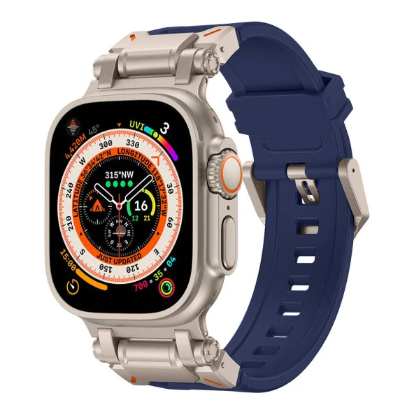 Apple Watch 1 2 3 4 5 6 7 8 9 Se Ultra 49/45/44/42 mm  KRD-101 Titanyum Metal Başlıklı Silikon Kordon - Resim 4