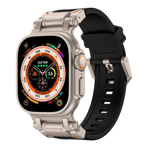 Apple Watch 1 2 3 4 5 6 7 8 9 Se Ultra 49/45/44/42 mm  KRD-101 Titanyum Metal Başlıklı Silikon Kordon - Resim 9