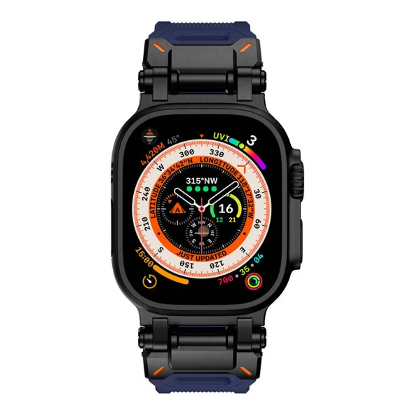 Apple Watch 1 2 3 4 5 6 7 8 9 Se Ultra 49/45/44/42 mm  KRD-101 Titanyum Metal Başlıklı Silikon Kordon - Resim 12