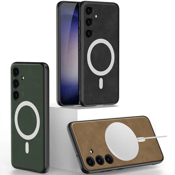 Galaxy S24 Plus Kılıf Magsafe Şarj Özellikli Deri Tasarımlı  Kıpta Nubuk Kapak - Resim 6