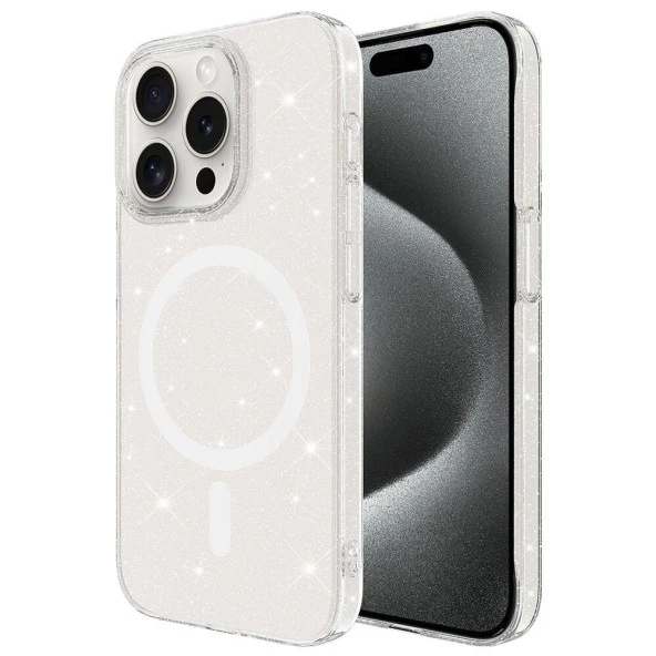 iPhone 15 Pro Kılıf  Magsafe Şarj Özellikli Simli Şeffaf Arka Yüzey Erdos Silikon Kapak - Resim 2