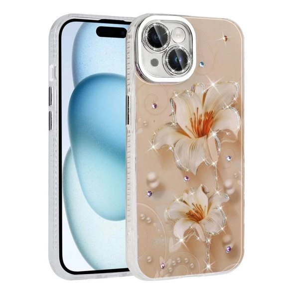 Apple iPhone 15 Kılıf Çiçek Desenli Parlak Taşlı Sert Silikon  Garden Kapak - Resim 2