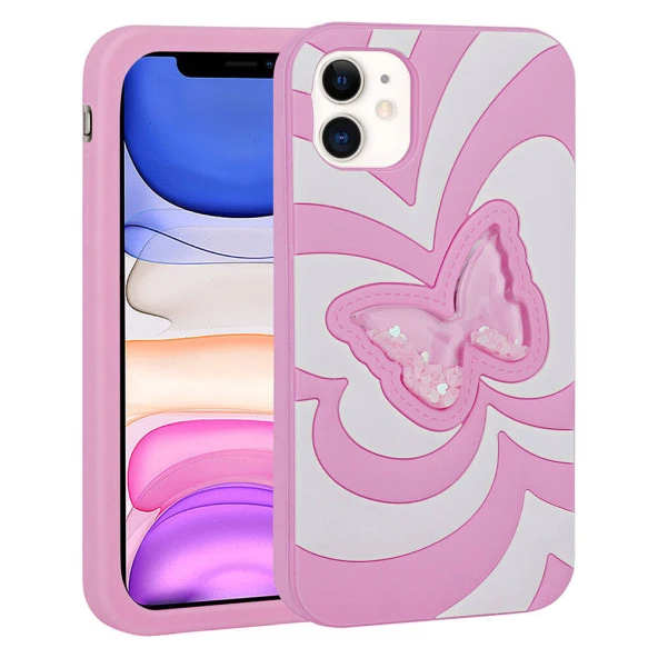 Apple iPhone 11 Kılıf Sıvılı Simli Kelebekli Tasarım  Vodena Kapak - Resim 2