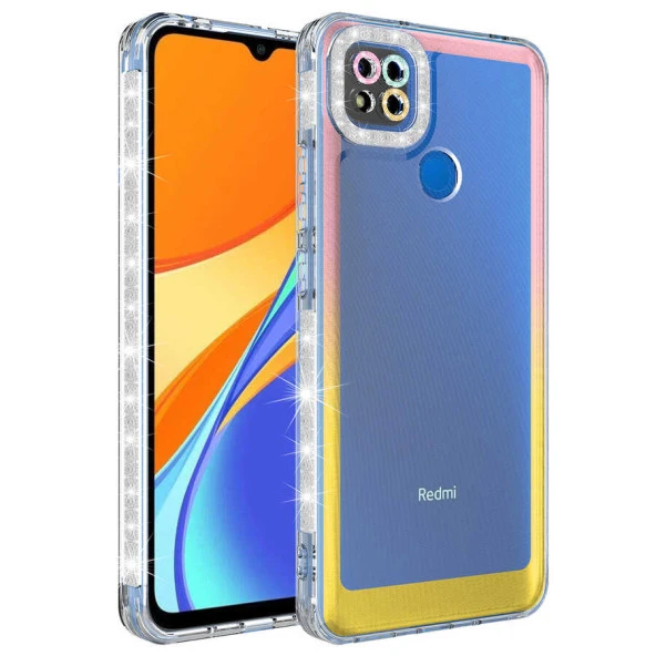 Xiaomi Redmi 9C Kılıf Simli ve Renk Geçiş Tasarımlı Lens Korumalı  Park Kapak