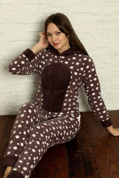 Fermuar Detaylı Kışlık Welsoft Polar Kadın Tulum Pijama Takımı - 7