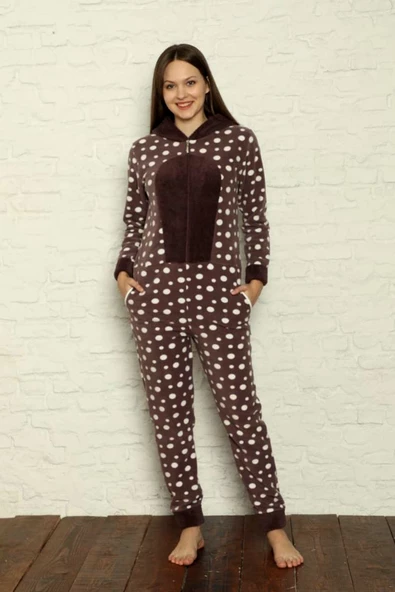 Fermuar Detaylı Kışlık Welsoft Polar Kadın Tulum Pijama Takımı - 9