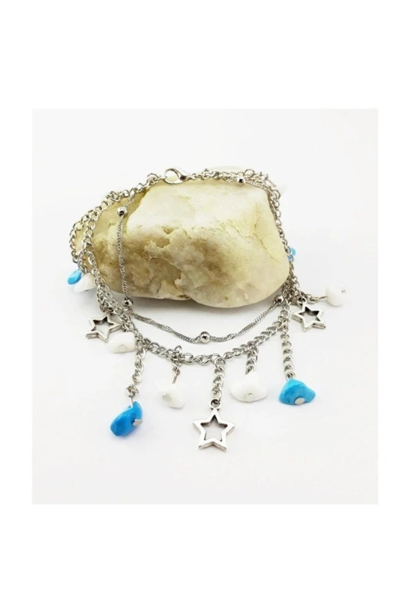 Turkuaz & Sedef Doğal Taş & Dorika Zincir Kadın Özel Tasarım Çok Halhal - 2