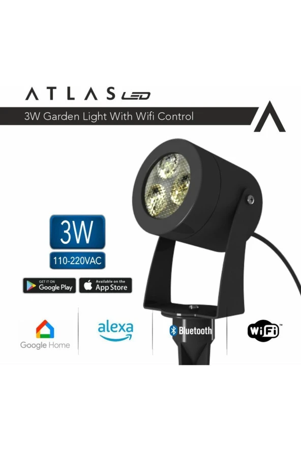 AtlasLed Atlas 3W WI-FI Kontrollü Led Bahçe Peyzaj Spotu-220V Siyah Kasa RGB