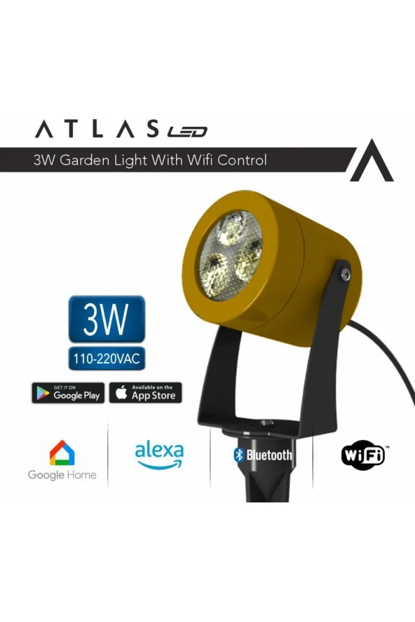 AtlasLed Atlas 3W WI-FI Kontrollü Led Bahçe Peyzaj Spotu-220V Gold Kasa RGB