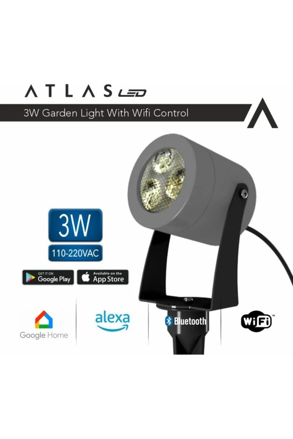 AtlasLed Atlas 3W WI-FI Kontrollü Led Bahçe Peyzaj Spotu-220V Gümüş Gri Kasa Doğal Işık ( 4000K )