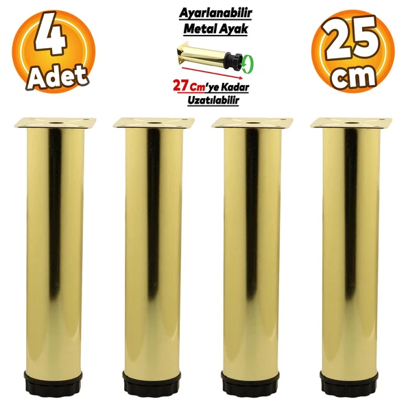 Ayarlanabilir Mobilya Kanepe Baza Koltuk Metal Destek Yükseltici Gold Ayağı Ayakları 25 cm 4 Adet