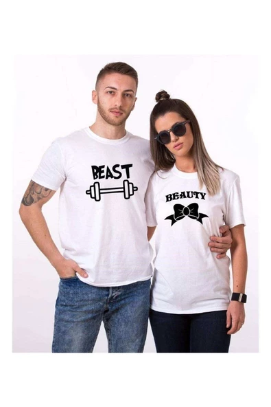 Tshirthane Beast Beauty Dumbell Öpücük Sevgili Kombinleri Tshirt Kombini ürün görseli 1