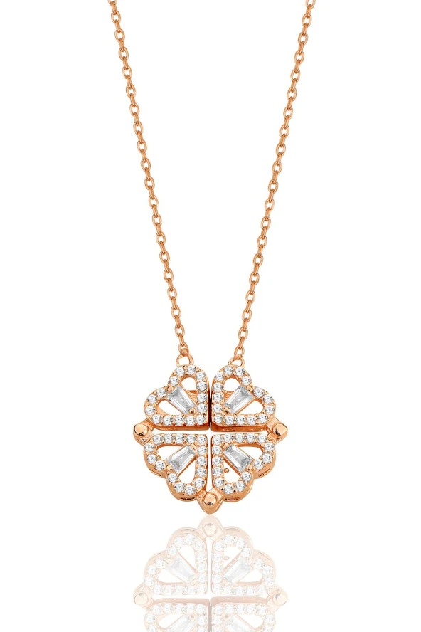 925 ayar gümüş rose baget kesim zirkon taşlı mıknatıslı açılır kapanır yonca kolye. SGTL12360ROSE ürün görseli 1