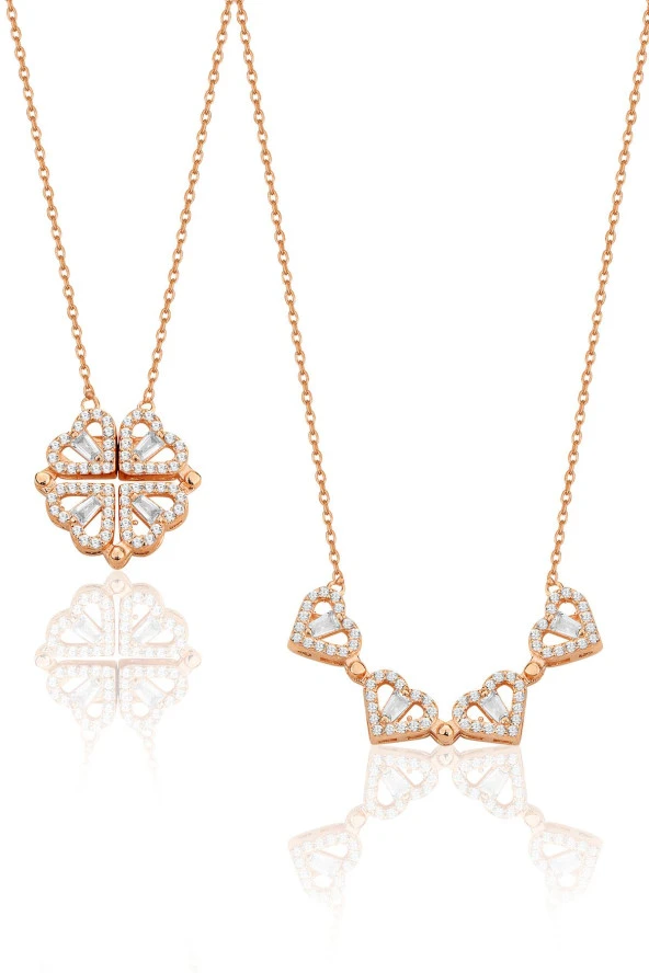 925 ayar gümüş rose baget kesim zirkon taşlı mıknatıslı açılır kapanır yonca kolye. SGTL12360ROSE - Resim 3