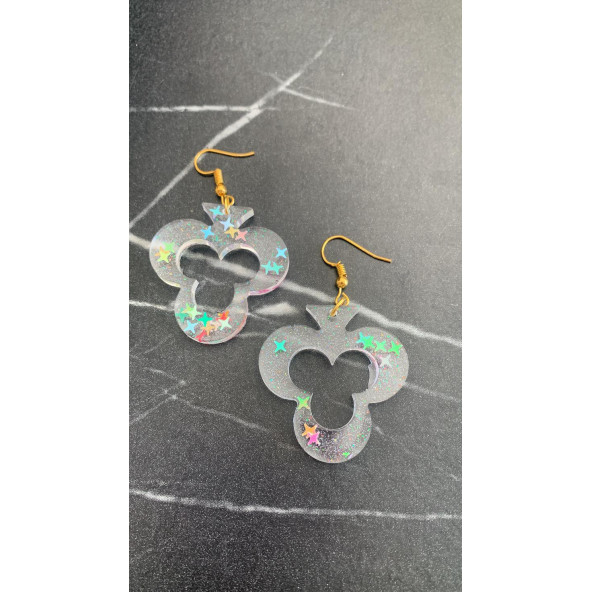 Şeffaf Renkli Yıldız Simli Glitterli Gold Aksesuar İskambilde Sinek İçi Boş Şekil 4 Cm Epoksi Küpe - Resim 3