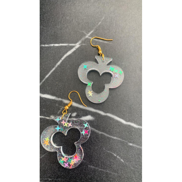 Şeffaf Renkli Yıldız Simli Glitterli Gold Aksesuar İskambilde Sinek İçi Boş Şekil 4 Cm Epoksi Küpe - Resim 4