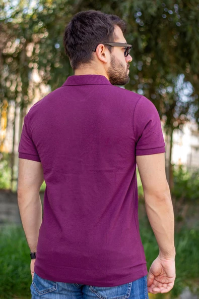 Erkek Mor Rahat %100 Pamuk Ribana Kol Polo Yaka T-Shirt 24EPLYPOPE - 5