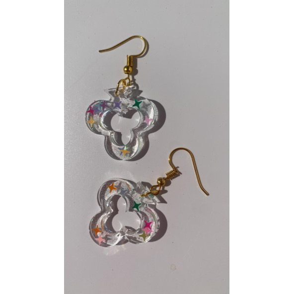 Şeffaf Renkli Yıldız Simli Glitterli Gold Aksesuar İskambilde Sinek İçi Boş Şekil 3 Cm Epoksi Küpe