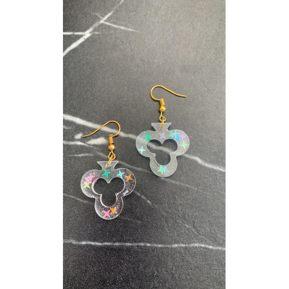 Şeffaf Renkli Yıldız Simli Glitterli Gold Aksesuar İskambilde Sinek İçi Boş Şekil 3 Cm Epoksi Küpe - 4