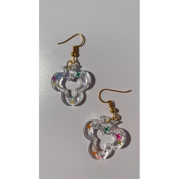 Şeffaf Renkli Yıldız Simli Glitterli Gold Aksesuar İskambilde Sinek İçi Boş Şekil 3 Cm Epoksi Küpe - 7