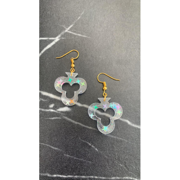 Şeffaf Renkli Yıldız Simli Glitterli Gold Aksesuar İskambilde Sinek İçi Boş Şekil 3 Cm Epoksi Küpe - 8