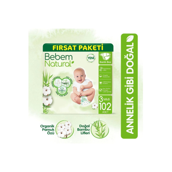 Bebem Natural Bebek Bezi 3 Beden Midi Fırsat Paketi 102 Adet