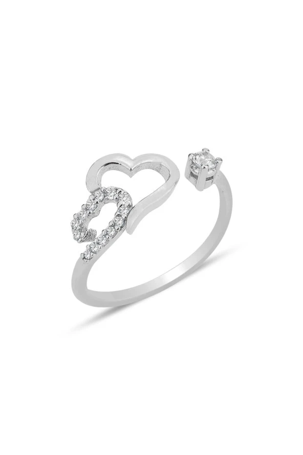 Gümüş rodyumlu zirkon taşlı üstten ayarlanabilir çift kalpler yüzük SGTL12243RODAJ ürün görseli