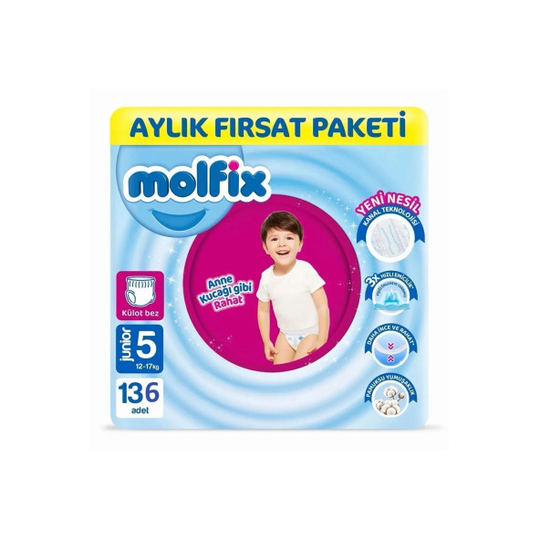 Molfix Pants Bebek Bezi 5 Beden Junior Aylık Avantaj Paketi 136 Adet (68 X 2 )