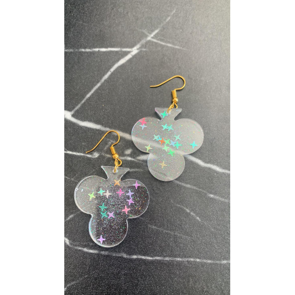 Şeffaf Renkli Yıldız Simli Glitterli Gold Aksesuar İskambilde Sinek Şekil 4 Cm Epoksi Küpe Hediyelik - Resim 3