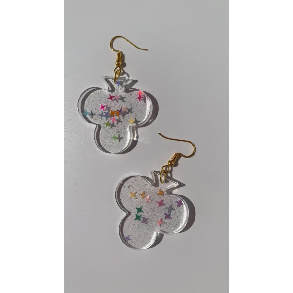 Şeffaf Renkli Yıldız Simli Glitterli Gold Aksesuar İskambilde Sinek Şekil 4 Cm Epoksi Küpe Hediyelik - Resim 4