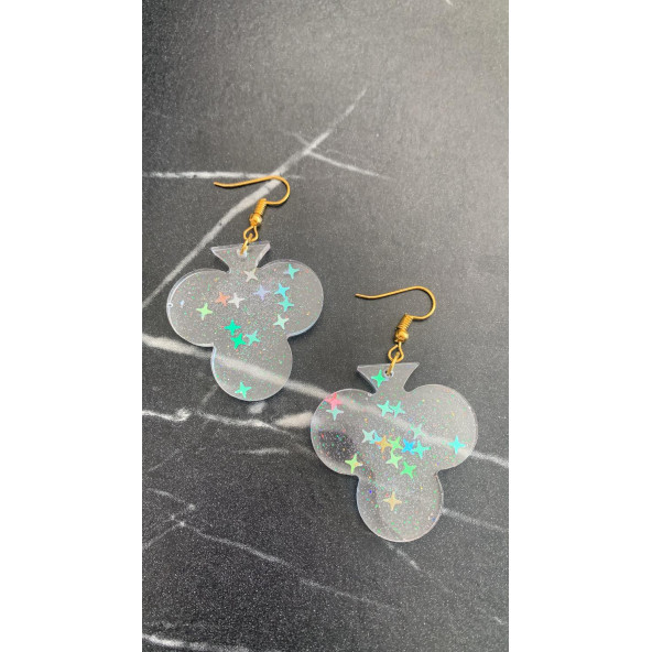 Şeffaf Renkli Yıldız Simli Glitterli Gold Aksesuar İskambilde Sinek Şekil 4 Cm Epoksi Küpe Hediyelik - Resim 7