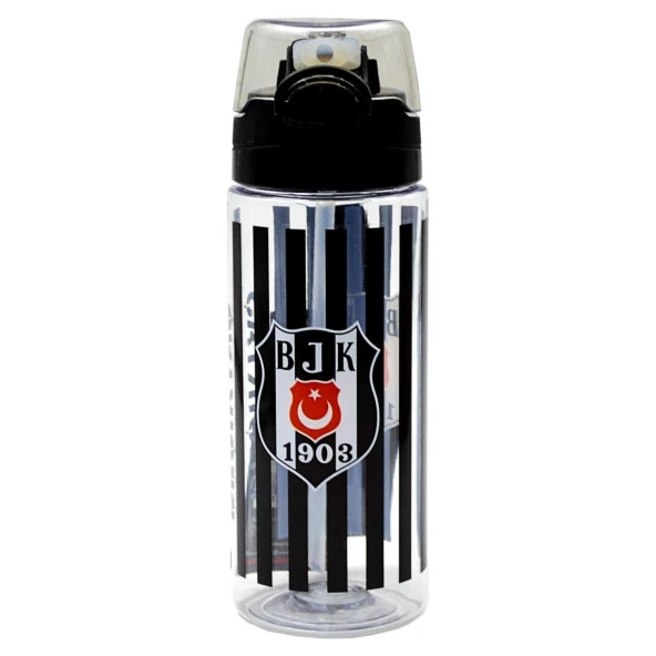 Beşiktaş Çizgili Forma Desenli Plastik Matara 500 ml Siyah Pipetli Suluk