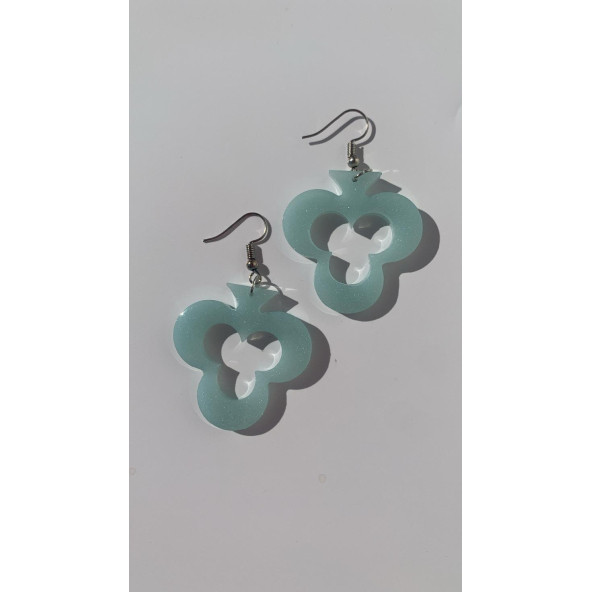 Buz Mavi Renkli Simli Sedefli Gümüş Aksesuar İskambil Sinek İçi Boş Şekil Küpe 4 cm Epoksi Hediyelik - Resim 3