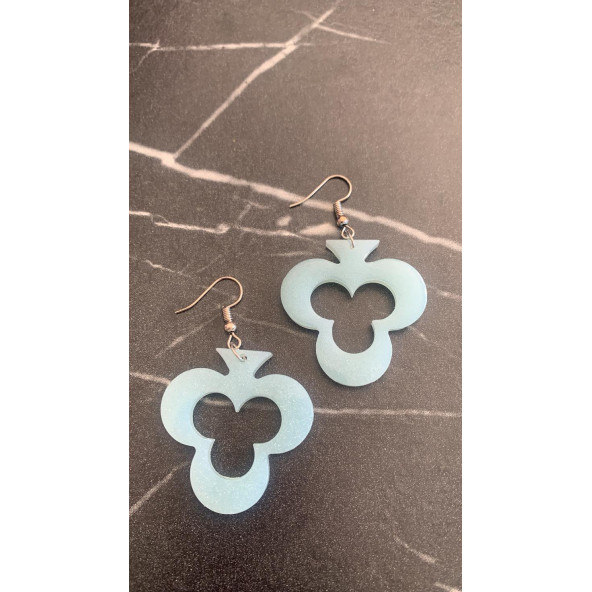 Buz Mavi Renkli Simli Sedefli Gümüş Aksesuar İskambil Sinek İçi Boş Şekil Küpe 4 cm Epoksi Hediyelik - Resim 5