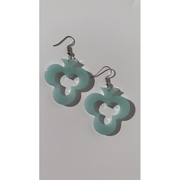 Buz Mavi Renkli Simli Sedefli Gümüş Aksesuar İskambil Sinek İçi Boş Şekil Küpe 4 cm Epoksi Hediyelik - Resim 7