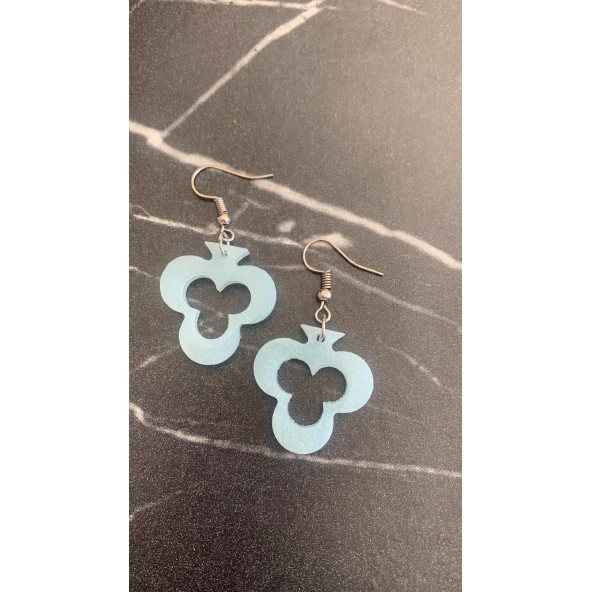 Buz Mavi Renkli Simli Sedefli Gümüş Aksesuar İskambil Sinek İçi Boş Şekil Küpe 3 cm Epoksi Hediyelik - Resim 4