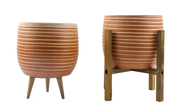 Bitki Tasarımı Yan Çizgi Desenli Toprak Saksı Saksılık Salon Çiçeklik İkili Set 3 Ayaklı- 4 Ayaklı- 19 CM